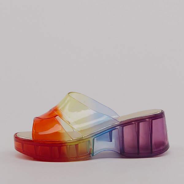 

Rainbow Clear Open Toe Band Flatform Mules, Multicolor