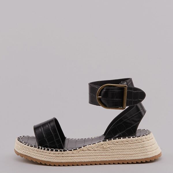 

Croc Embossed Ankle Strap Platform Sandals, Black
