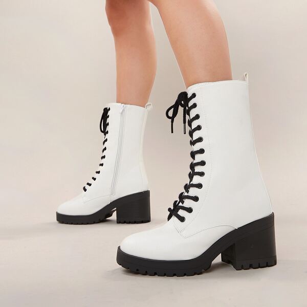 

Lace Front Lug Sole Block Heel Military Boots, White