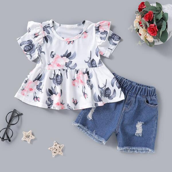 

Baby Girl Floral Peplum Tee With Denim Shorts, Multicolor