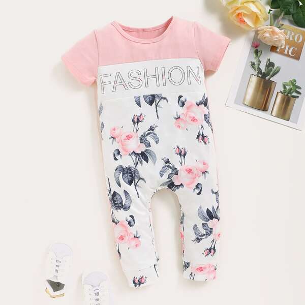 

Baby Girl Contrast Panel Floral Jumpsuit, Multicolor