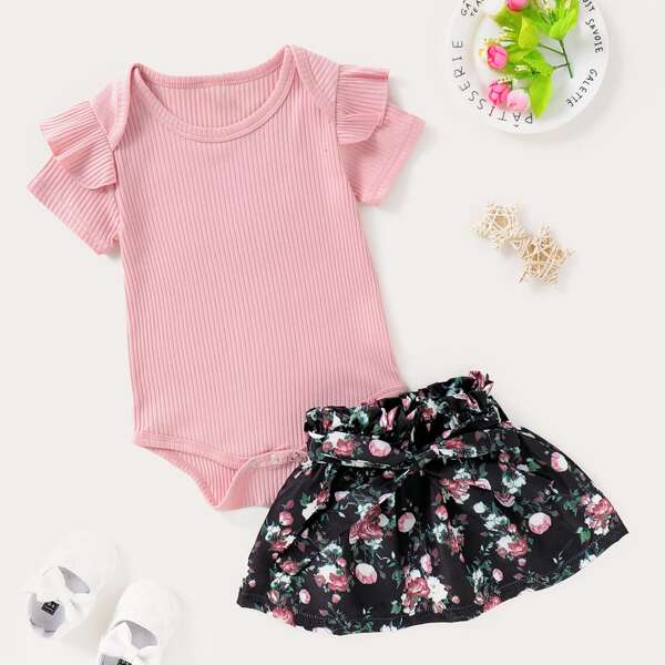 

Baby Girl Rib-knit Romper With Floral Paperbag Skirt, Multicolor