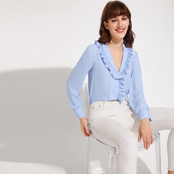 

Buttoned Front Pleated Ruffle Trim Blouse, Blue pastel