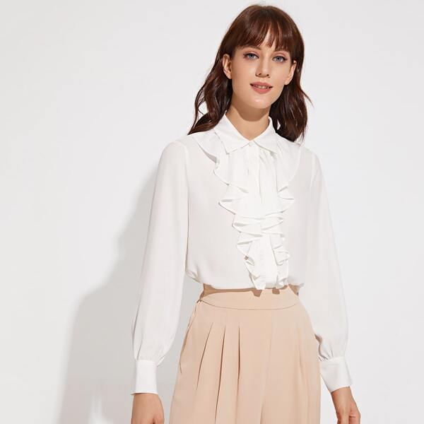 

Button Front Jabot Collar Solid Blouse, White