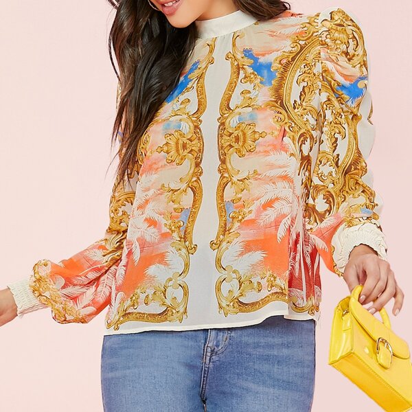 

Mock Neck Baroque Print Long Sleeve Blouse, Multicolor