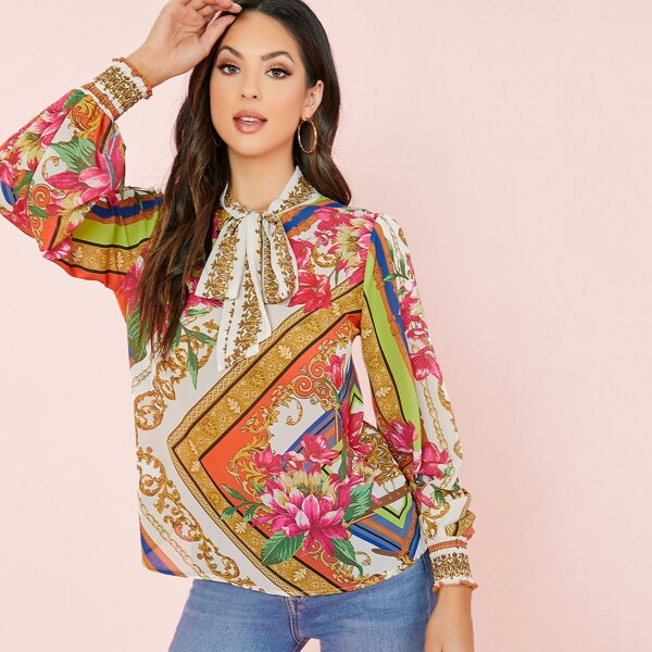 

Floral Scarf Print Neck Tie Long Sleeve Blouse, Multicolor