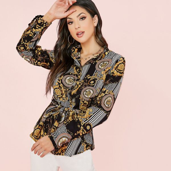 

Button Up Long Sleeve Waist Tie Scarf Print Blouse, Multicolor