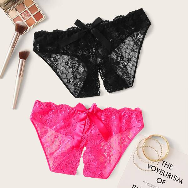 

2pack Hot Pink Floral Lace Crotchless Panty Set, Multicolor