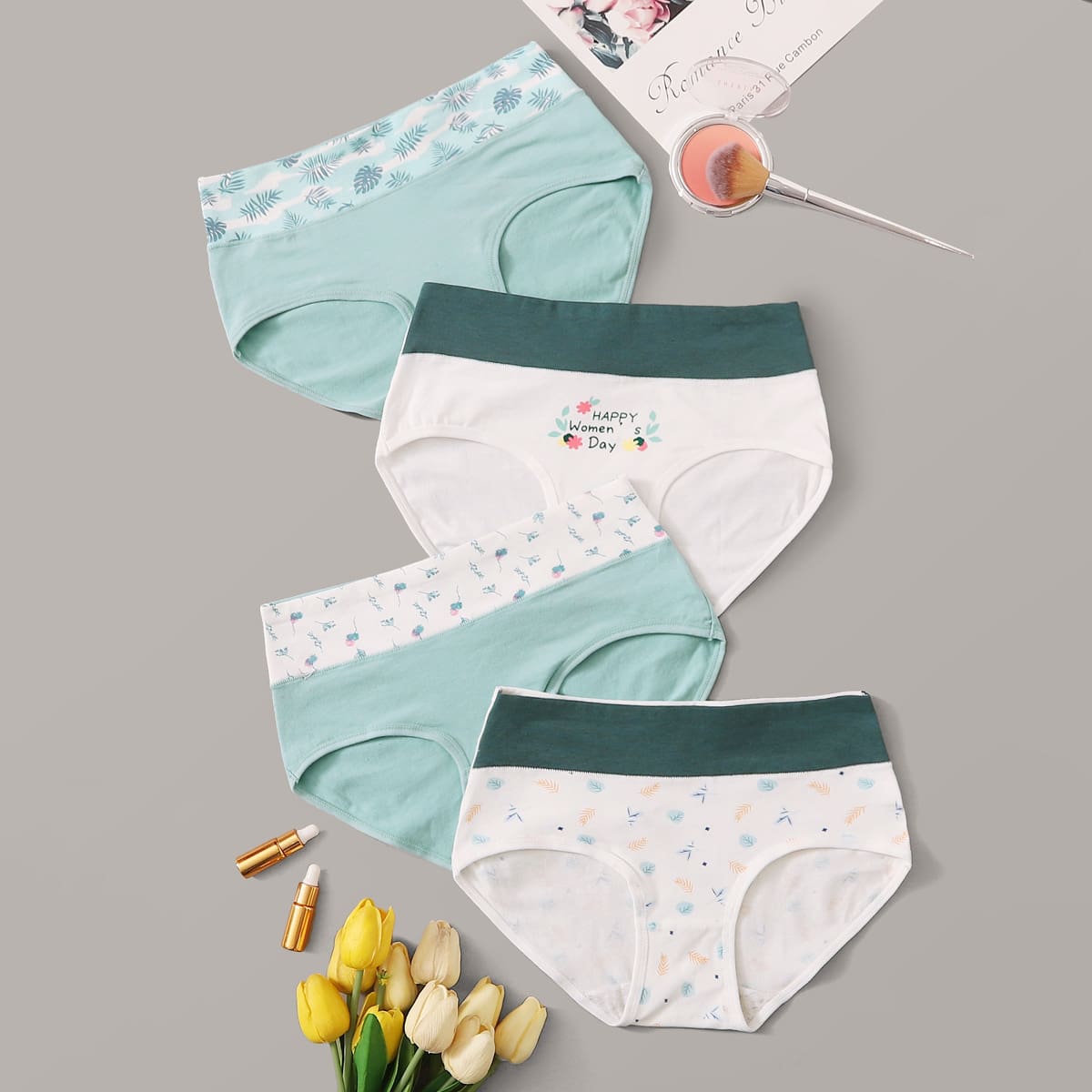 

4pack Letter & Floral Pattern Panty Set, Multicolor