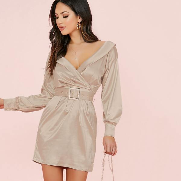 

Long Sleeve Off Shoulder Belted Satin Mini Dress, Beige