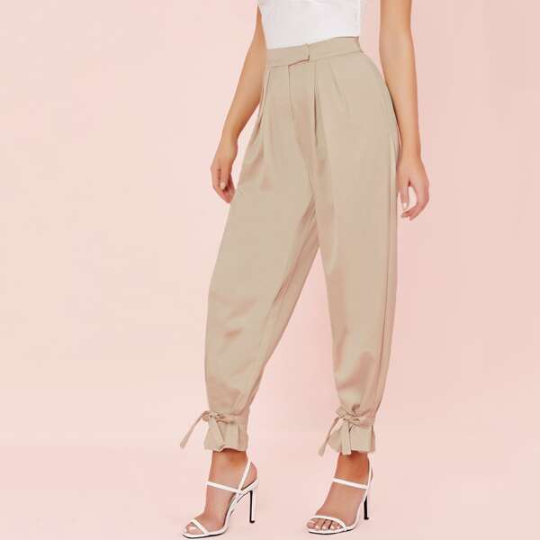 

Pleated Waist Ankle Tie Satin Trouser Pants, Khaki