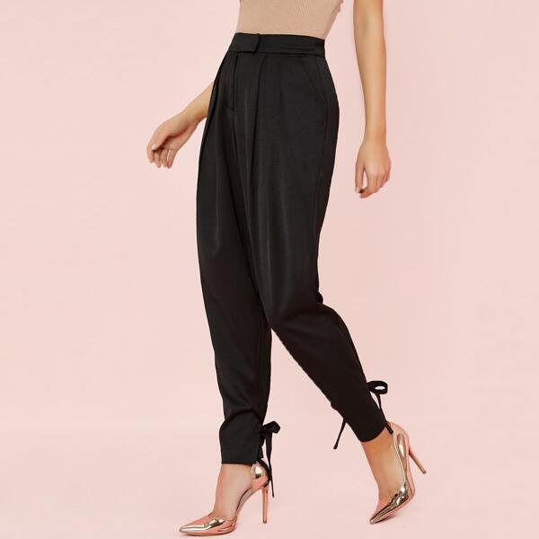 

Pleated Waist Ankle Tie Satin Trouser Pants, Black