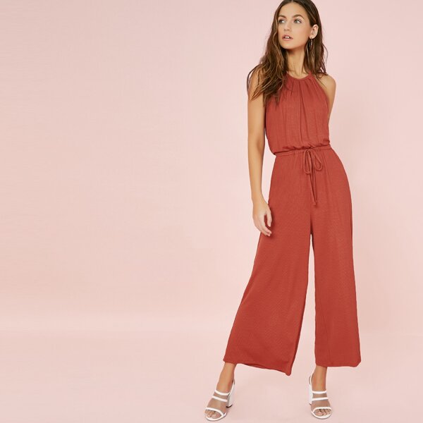 

Back Keyhole Sleeveless Rib Knit Jumpsuit, Red