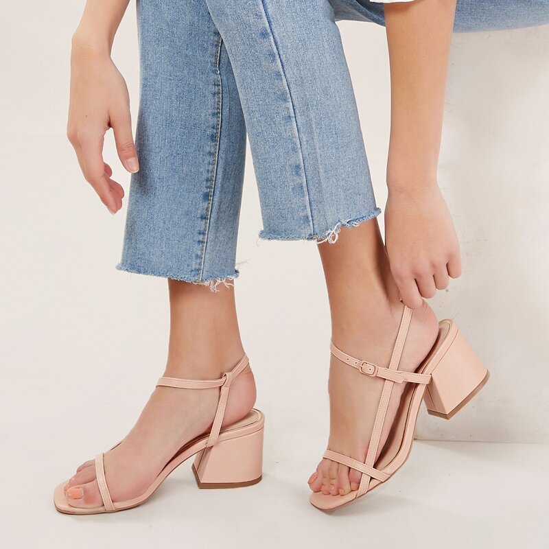 

Square Toe Buckled Ankle Chunky Heel Sandals, Baby pink
