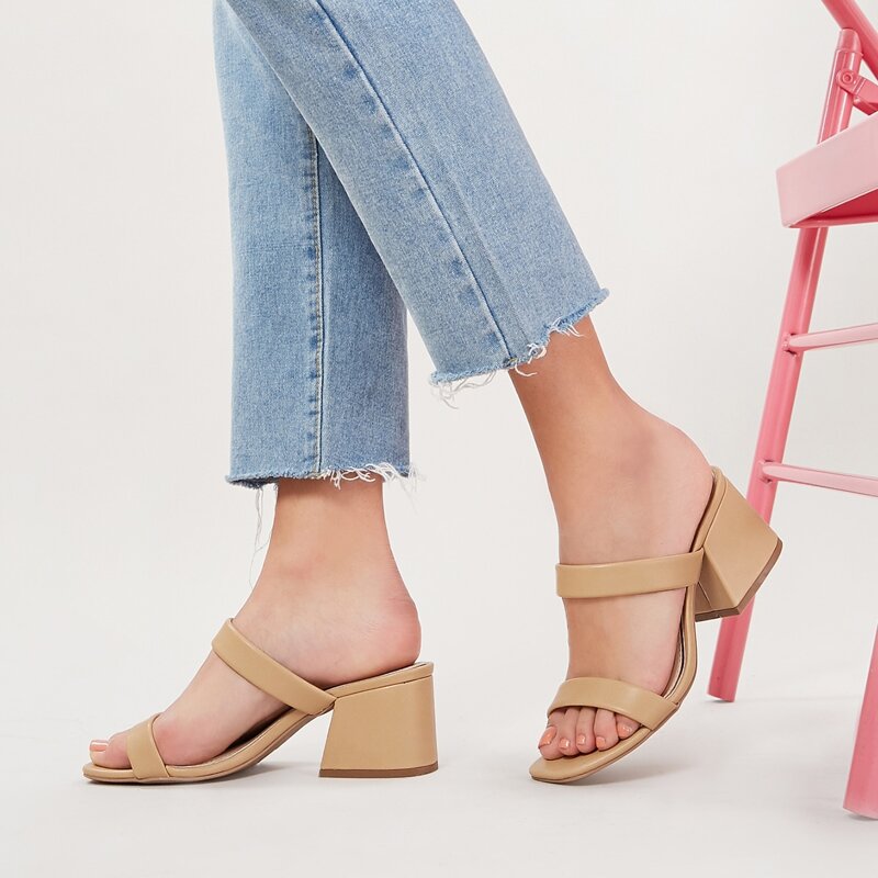 

Square Open Toe Twin Band Low Chunky Heel Sandals, Apricot