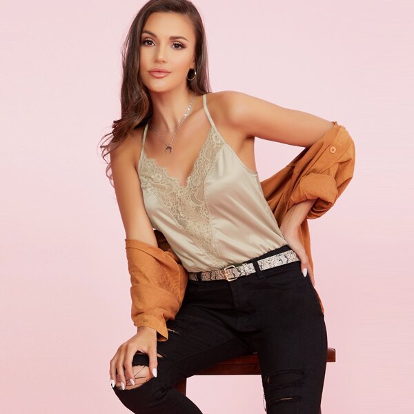 

Sleeveless Lace Trim Satin Bodysuit, Beige