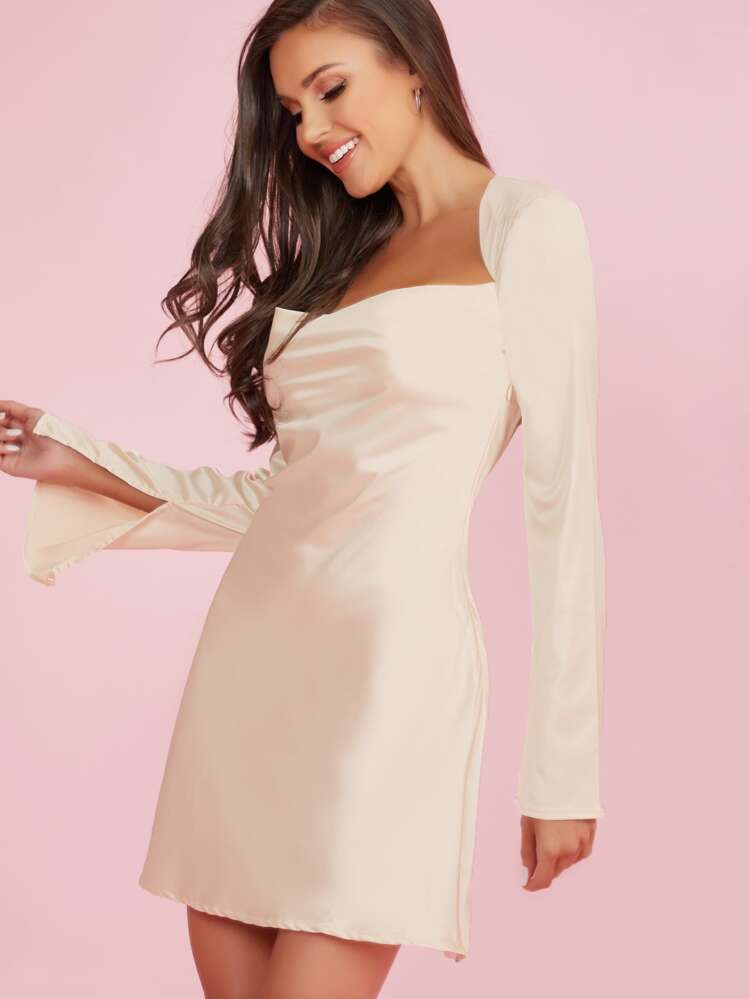 long sleeve open back mini dress