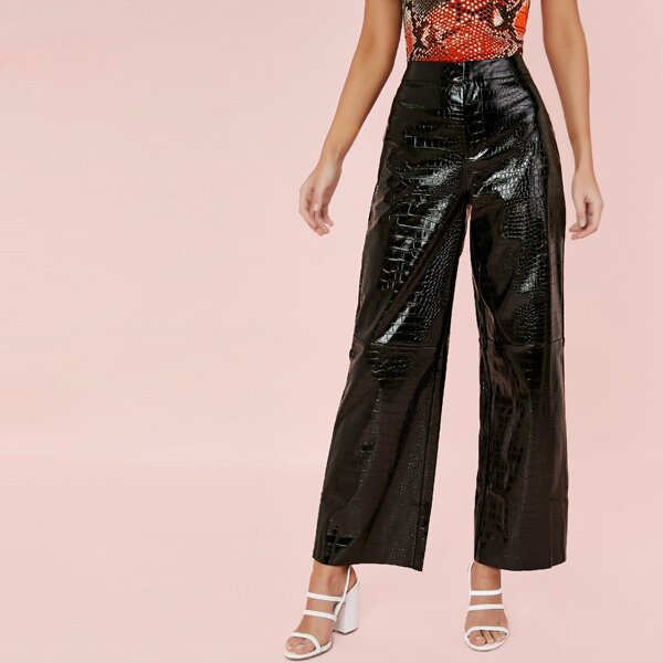 

Croc Embossed Faux Leather Wide Leg Pants, Black