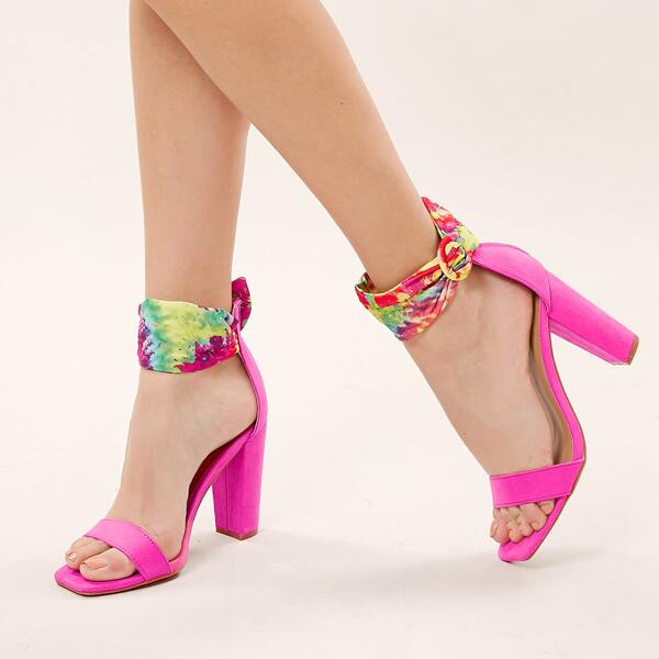 

Tie Dye Ankle Strap Square Toe Chunky Heel Sandals, Pink bright