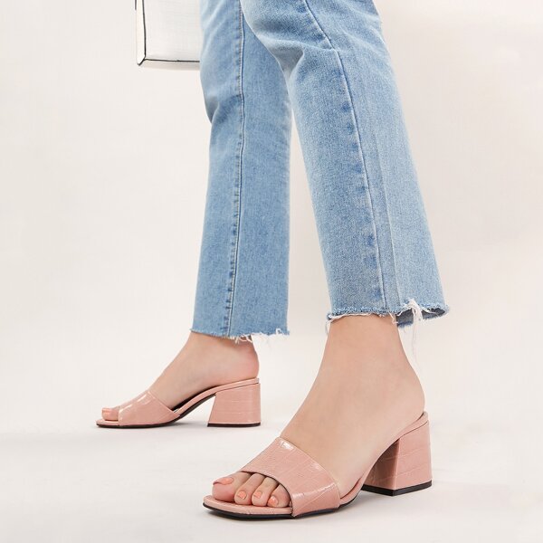 

Square Open Toe Band Crocodile Chunky Heel Mules, Pink