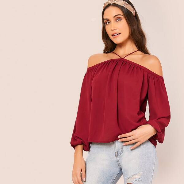 

Lantern Sleeve Halter Cold Shoulder Top, Burgundy