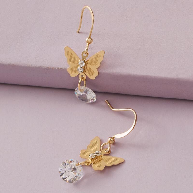

1pair Rhinestone & Butterfly Drop Earrings, Gold