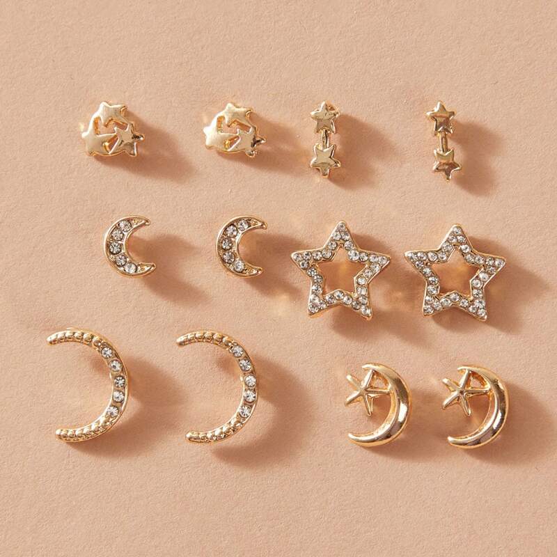 

6pairs Rhinestone Engraved Star & Moon Shaped Earrings, Gold