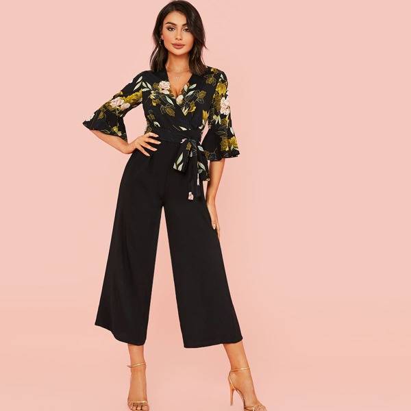 

Wrap Tie Side Flounce Sleeve Wide Leg Floral Print Jumpsuit, Black