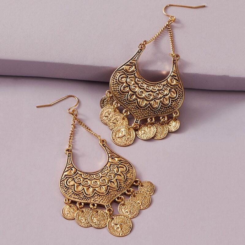 

1pair Textured Coin Drop Earrings, Gold