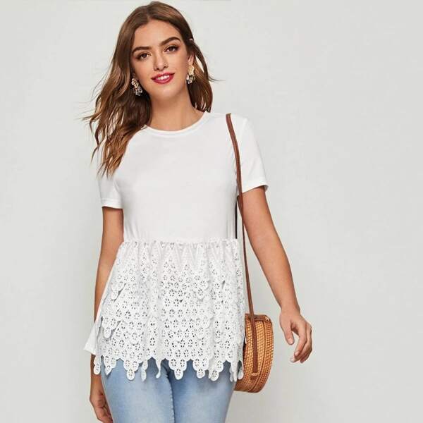 

Lace Layered Hem Peplum Tee, White
