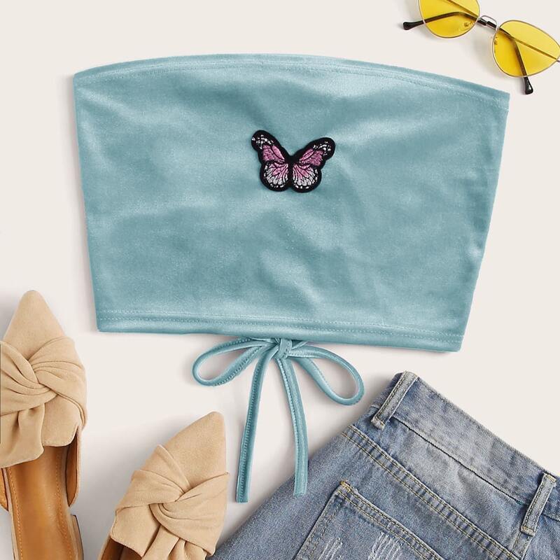 

Lace Up Velvet Butterfly Tube Top, Blue
