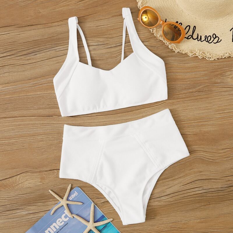 

Solid High Waisted Bikini Swimsuit, White