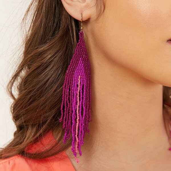 

1pair Long Beaded Tassel Earrings, Multicolor