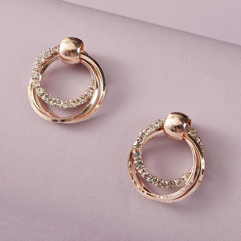 

1pair Rhinestone Decor Round Drop Earrings, Gold
