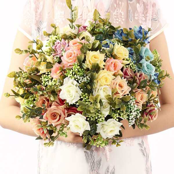 

1 Bundle Rose Artificial Flower With 5pcs Branch, Multicolor