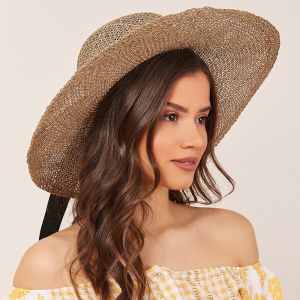 

Tied Bow Accent Wide Brim Woven Straw Hat, Khaki
