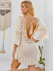 SHEIN Privé Summer Beach Tassel Trim Tie Back Flounce Hem Cover Up - Beige - View 1
