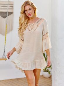 SHEIN Privé Summer Beach Tassel Trim Tie Back Flounce Hem Cover Up - Beige - View 2