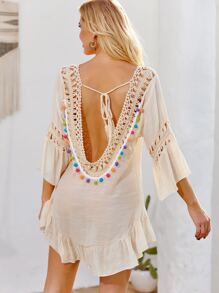 SHEIN Privé Summer Beach Tassel Trim Tie Back Flounce Hem Cover Up - Beige - View 3