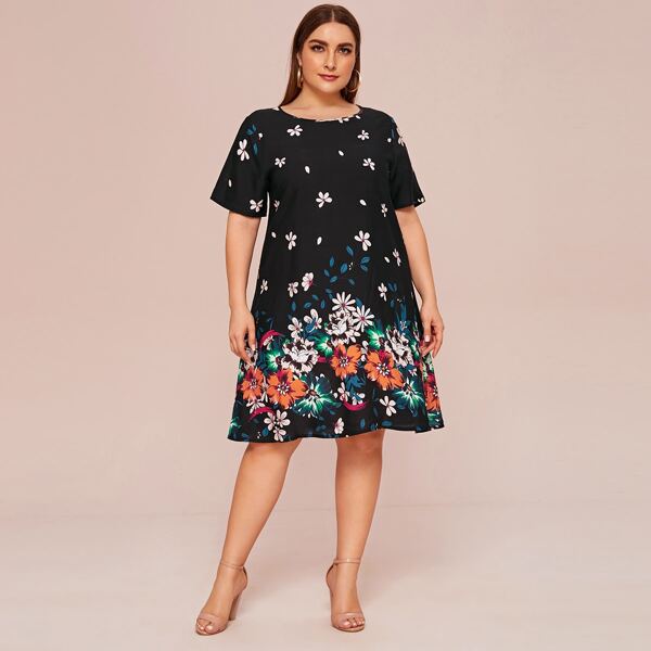 

Plus Floral Print Tunic Dress, Black