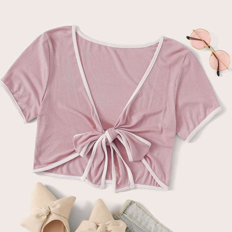 

Tie Front Contrast Binding Crop Top, Pink