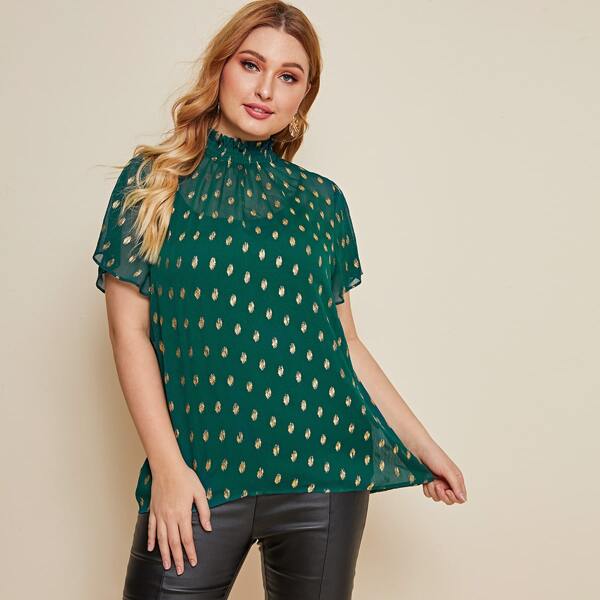 

Plus Shirred Neck Gold Dot Top, Green