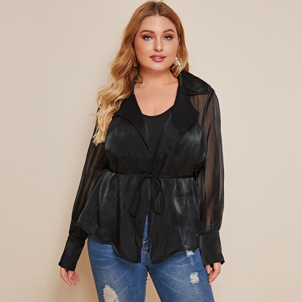 

Plus Notched Collar Self Belted Semi Sheer Blouse Without Camisole, Black