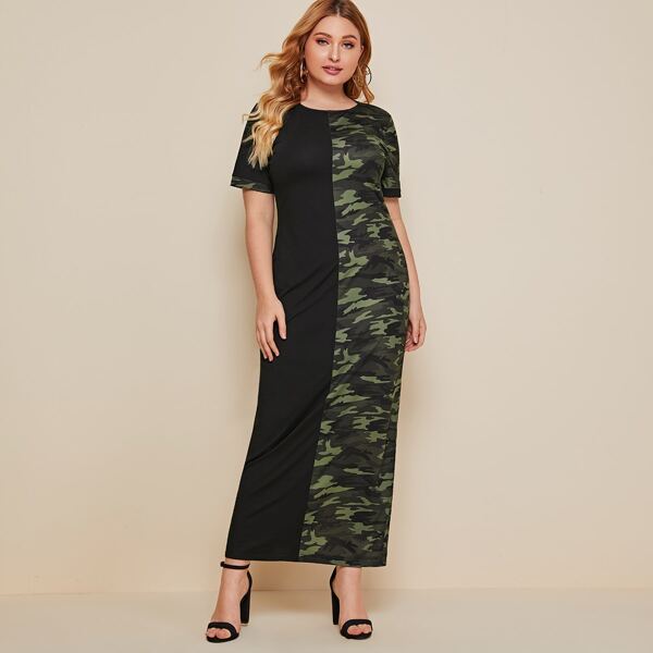 

Plus Camo Panel Split Hem Dress, Multicolor