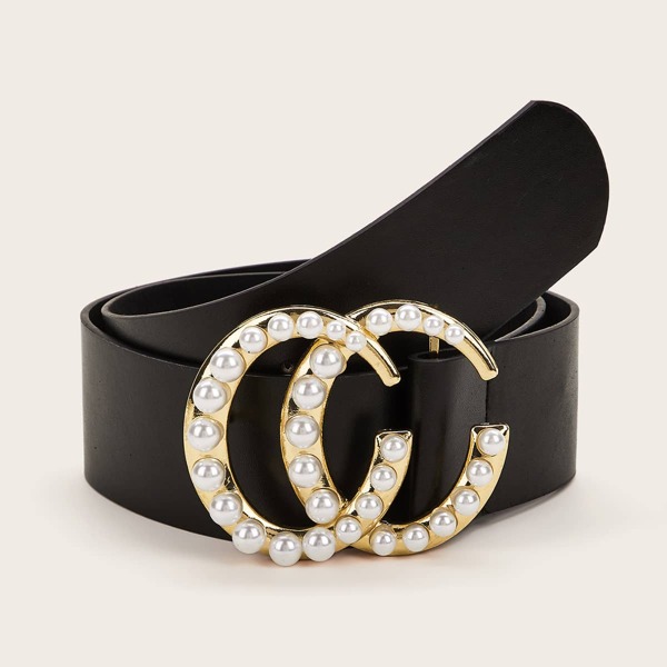 

Faux Pearl Decor Buckle Belt, Black