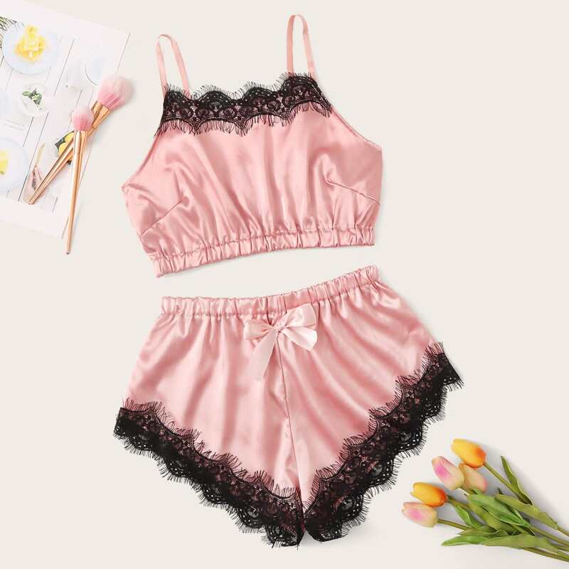 

Satin Bralette With Lace Trim Shorts, Pink