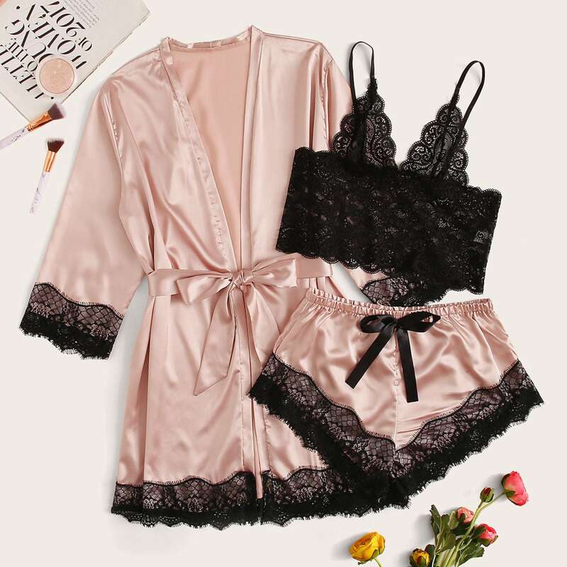 

3pack Floral Lace Lingerie Set With Belted Satin Robe, Multicolor