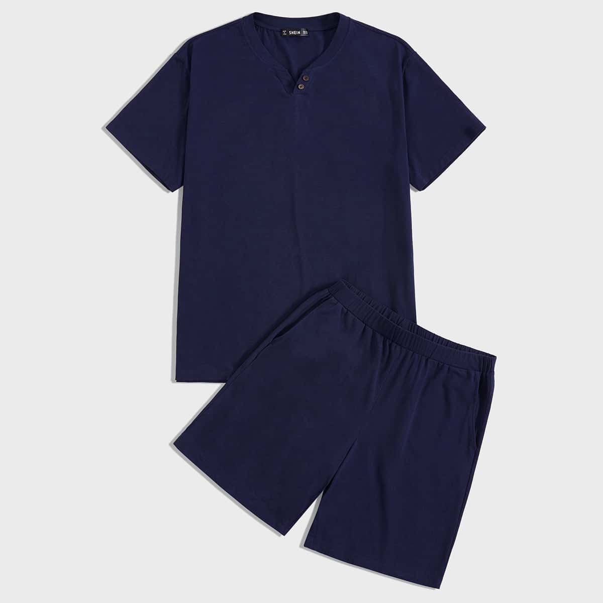 

Guys Buttoned Solid Top & Shorts PJ Set, Navy
