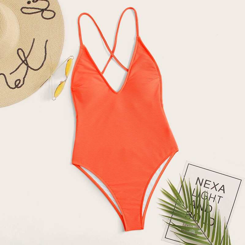 

Neon Orange Rib One Piece Swimsuit, Orange bright