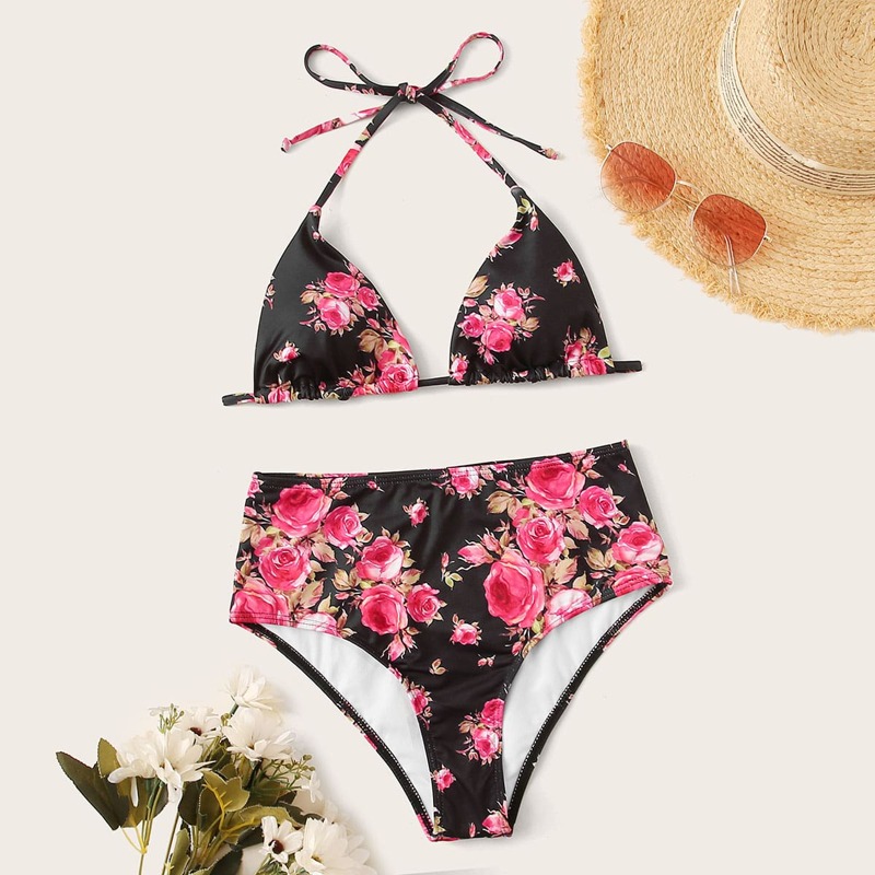 

Random Floral Halter Triangle High Waisted Bikini Swimsuit, Multicolor